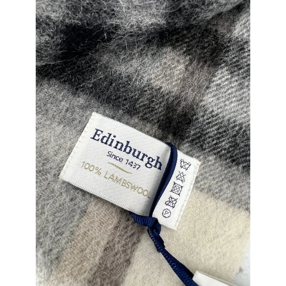 Edinburgh 100% Lambswool Tartan Scarf Chequer Gray Light Yellow NWT